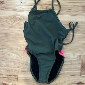 Jolyn green with pink cutouts on side, tie back, size 26
